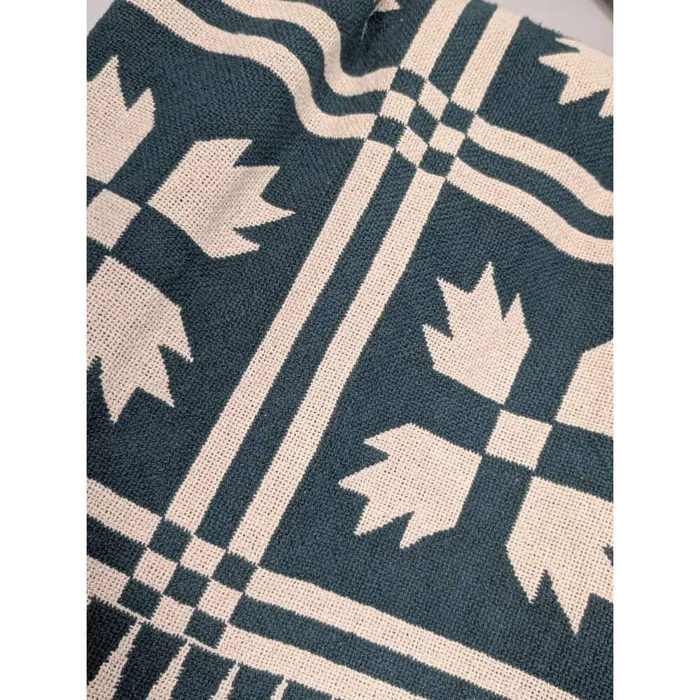 Antique Style Woven Coverlet Throw Teal Green Cabin Americana Blanket